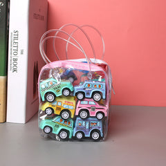 Six colorful plastic pull-back toy cars in a clear bag.