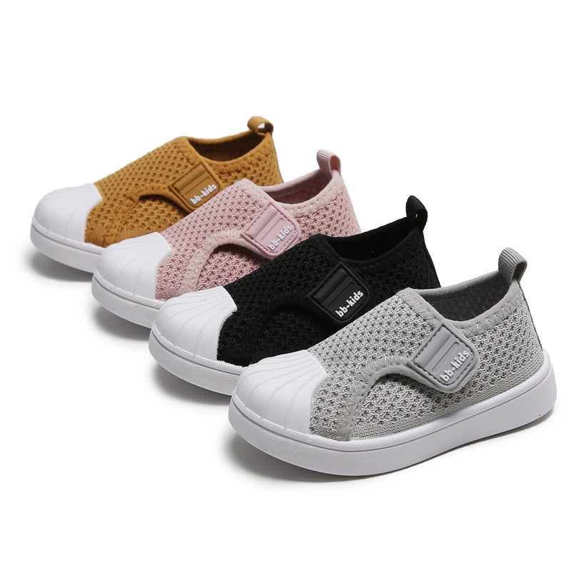 Four bb-kids mesh shoes in tan, pink, black, and gray.