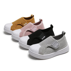 Four bb-kids mesh shoes in tan, pink, black, and gray.