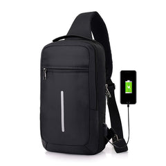 Black anti-theft sling bag with reflective stripe and USB charging port.