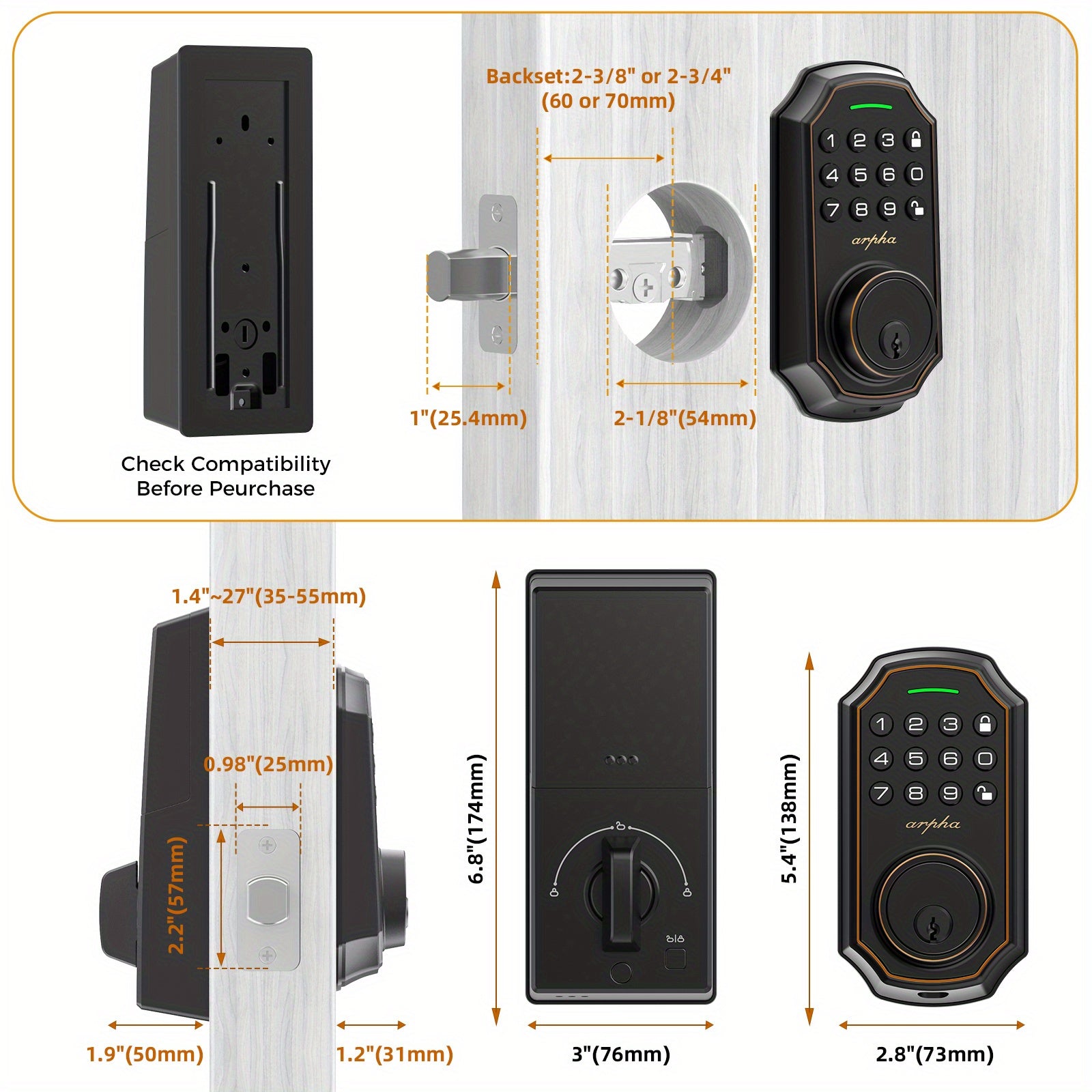 Keypad Door Lock - Keyless Entry Door Lock  - Arpha Front Door Lock Set with 2 Door Knobs -100 Code Smart Deadbolt Lock - Anti-Peeking Password - Auto Lock Easy to Install