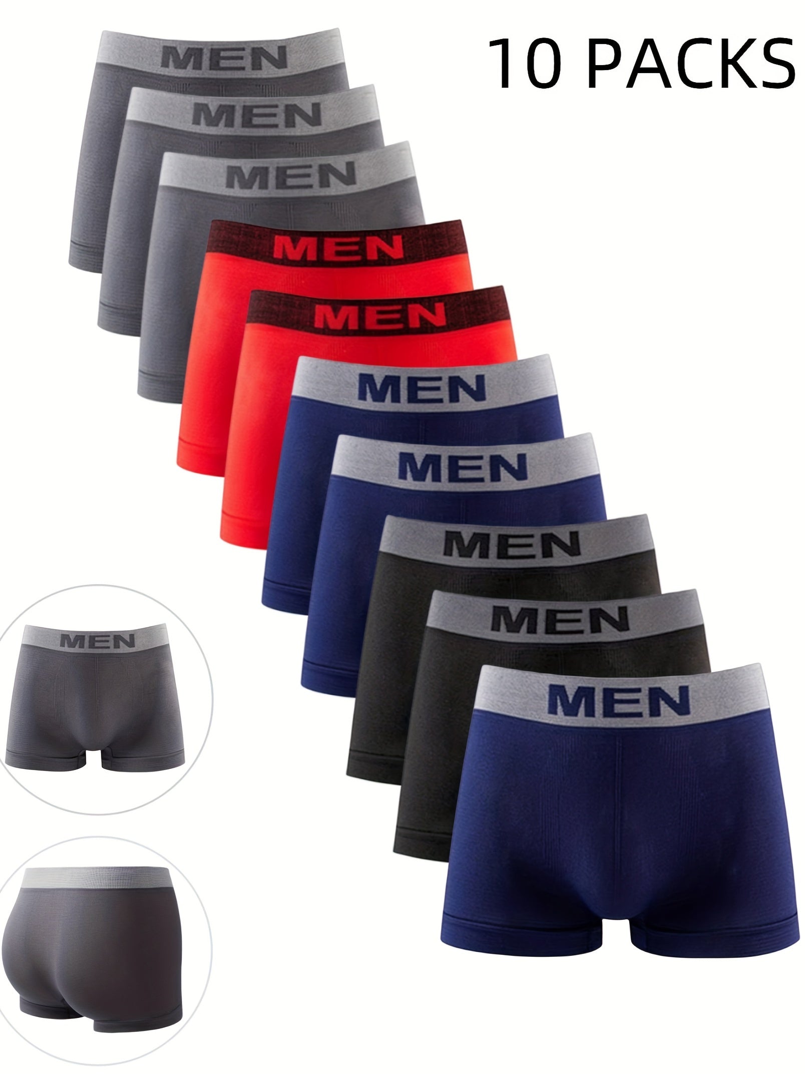 Eight pairs of men's boxer briefs in various colors.