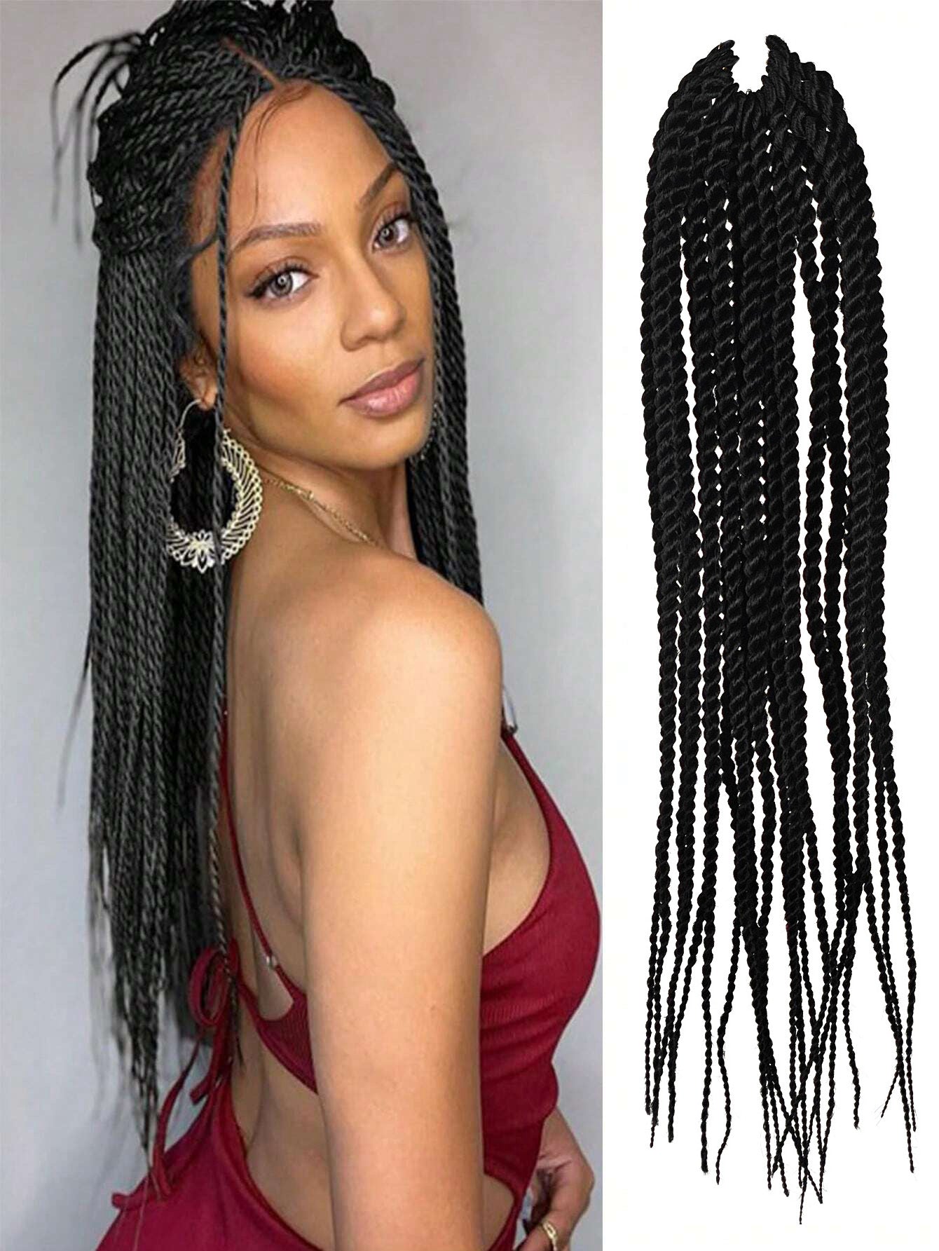 A bundle of long, black kinky twist synthetic braiding hair.