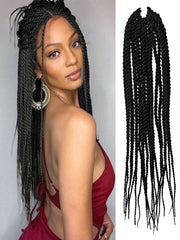 A bundle of long, black kinky twist synthetic braiding hair.