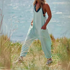 Women's Pocket Spaghetti Straps Knitted One-piece Trousers