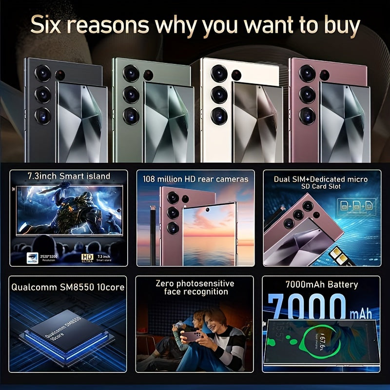 SEREE 5G Mobile Phone Ten Nucleus Android 13 Mobile Phone With Built-inpen, 8GB+ 256GB, 7.3-inch Display, 50MP+13MP Camera, 108 Million HD Rear Cameras 7000mAh Dual SlM Complete Accessories