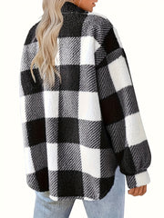Women's Plaid Button-Front Teddy Coat, Long Sleeve Thermal Winter Outwear