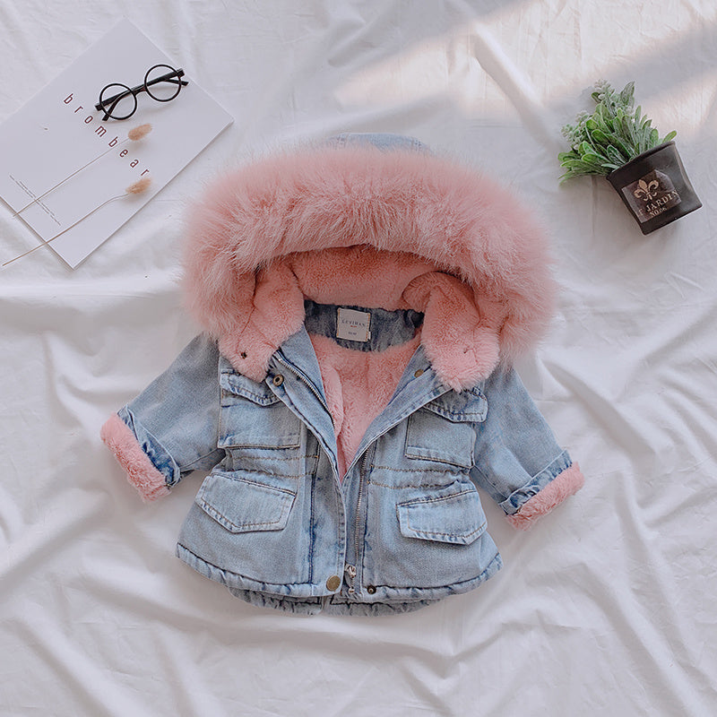 Jarreims Emporium: Toddler denim jacket with pink faux fur lining.