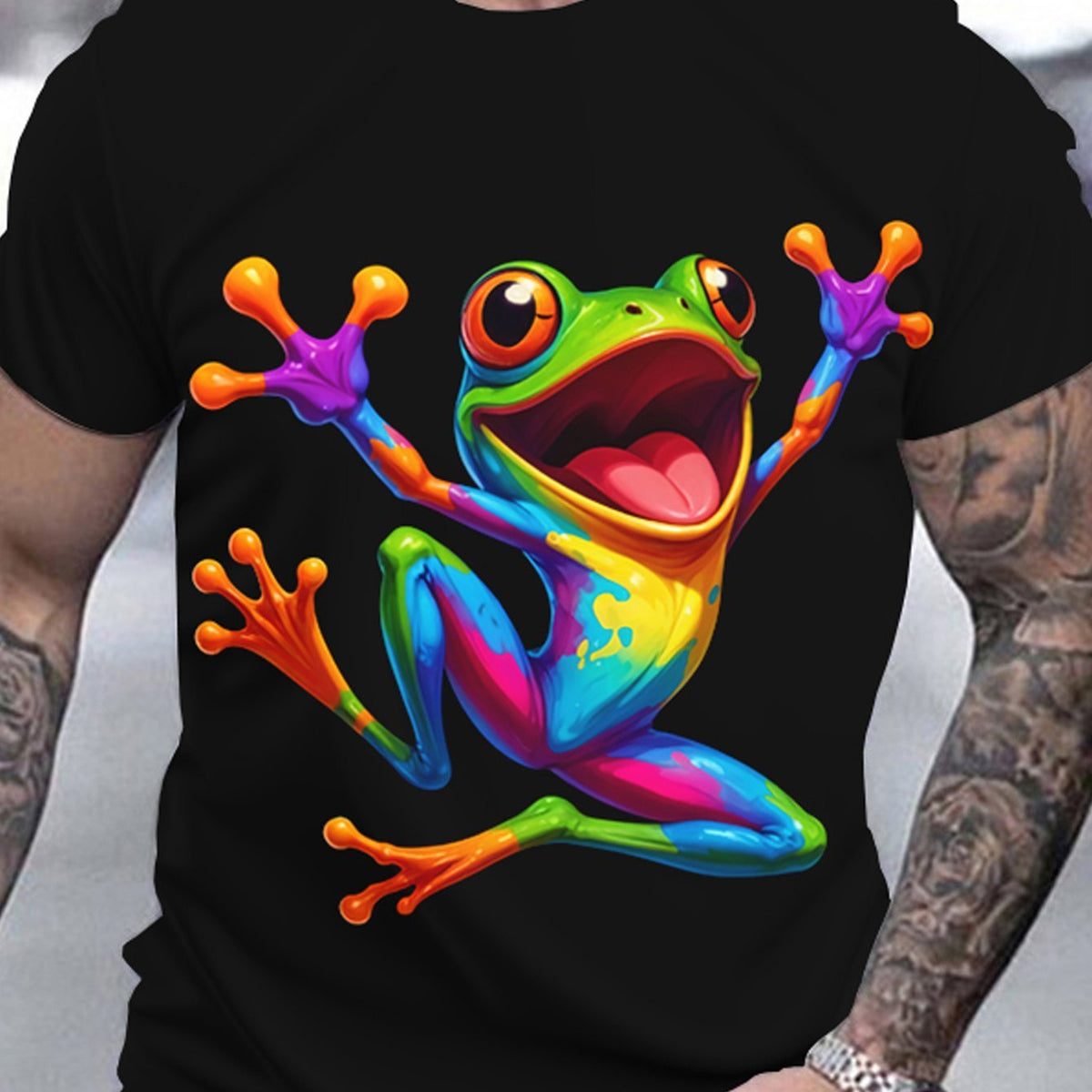 A black T-shirt with a large, vibrant, neon-colored cartoon frog on the chest.