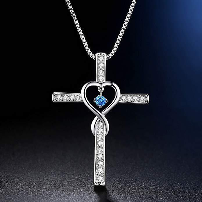 Unendlichkeit Liebe Gott Wir Vertrauen Christliches Kreuz Geburtsstein Kristall Anhänger Halskette Farbe Edelsteine ​​Zirkon Herz Halskette Frauen Schmuck