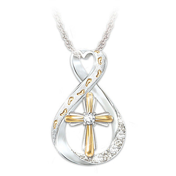 Footprints in the Sand infinity pendant with cross and stones.
