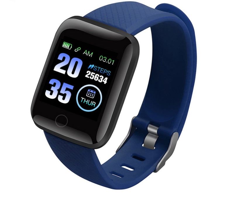 A black smart watch with a blue band showing 20:35 and 25,634 steps on the display.