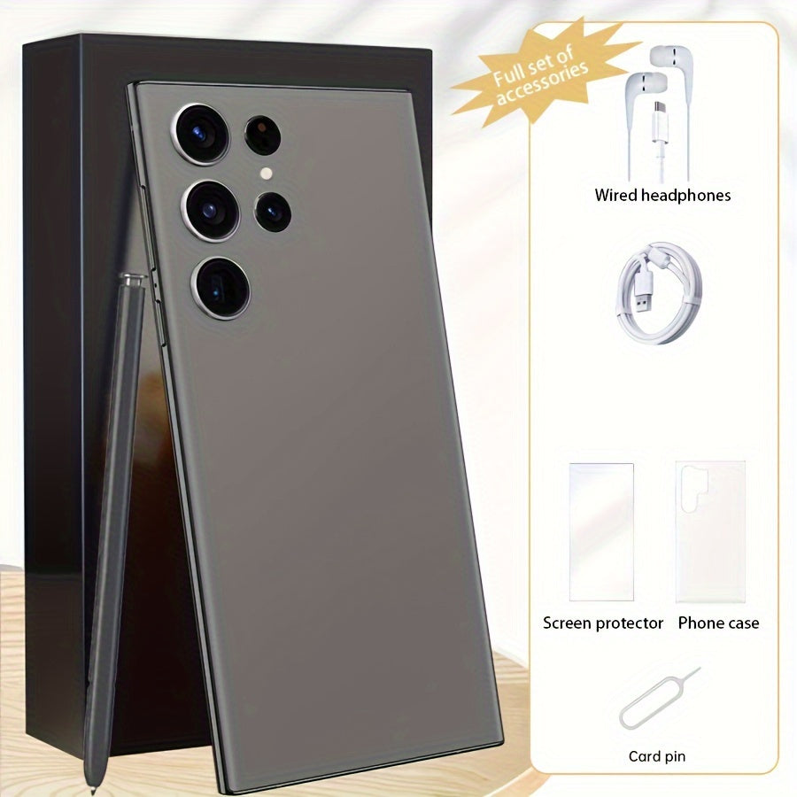 Dark gray smartphone with S Pen, wired headphones, and accessories.