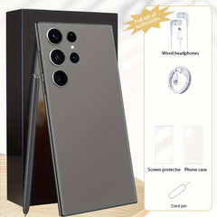 Dark gray smartphone with S Pen, wired headphones, and accessories.