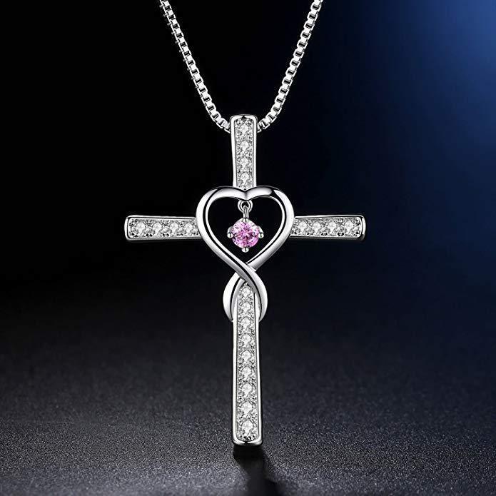 Unendlichkeit Liebe Gott Wir Vertrauen Christliches Kreuz Geburtsstein Kristall Anhänger Halskette Farbe Edelsteine ​​Zirkon Herz Halskette Frauen Schmuck