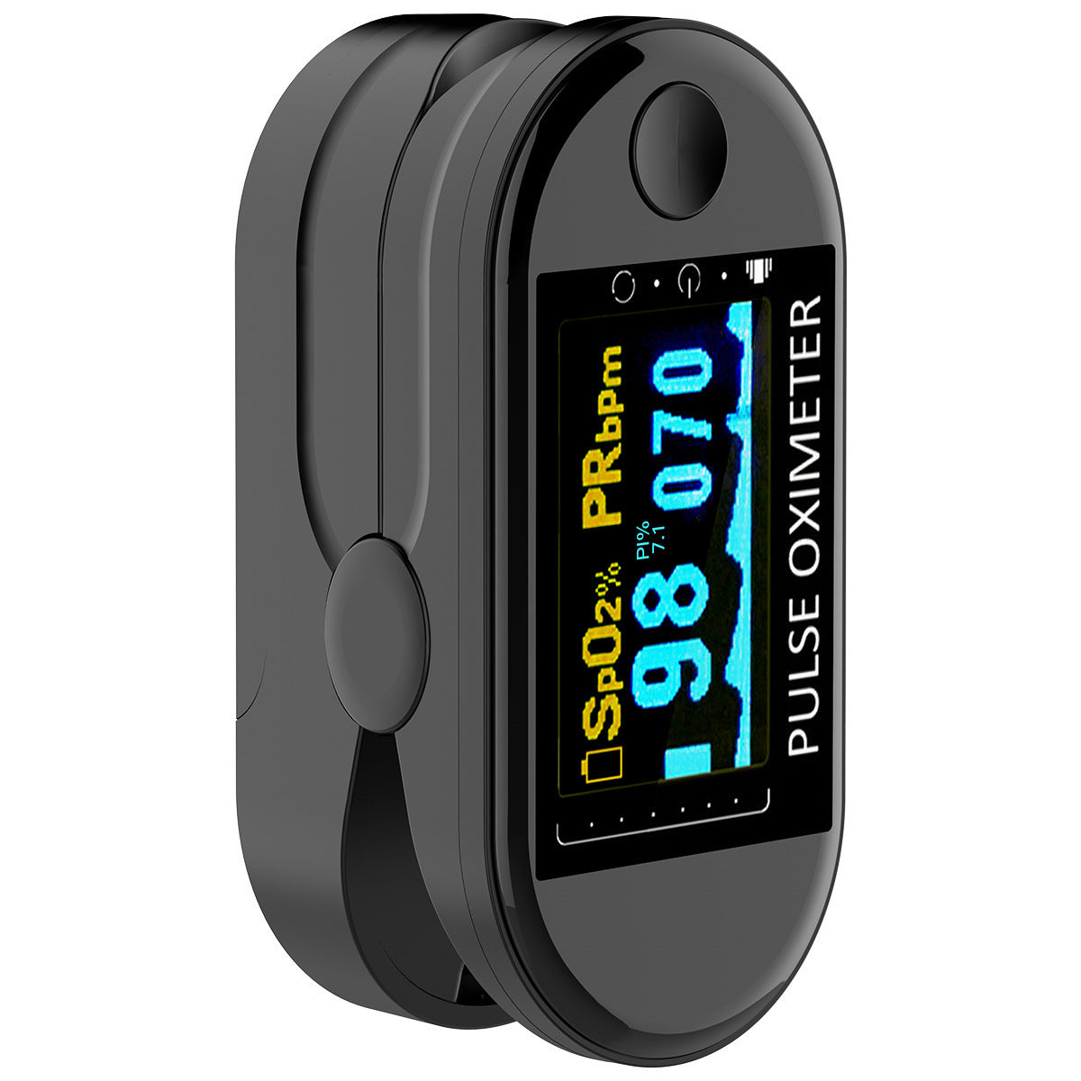 Black finger pulse oximeter displaying 98 SpO2% and 70 PRbpm.
