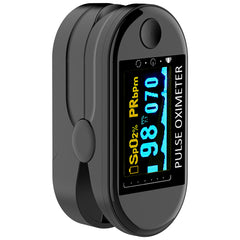 Black finger pulse oximeter displaying 98 SpO2% and 70 PRbpm.