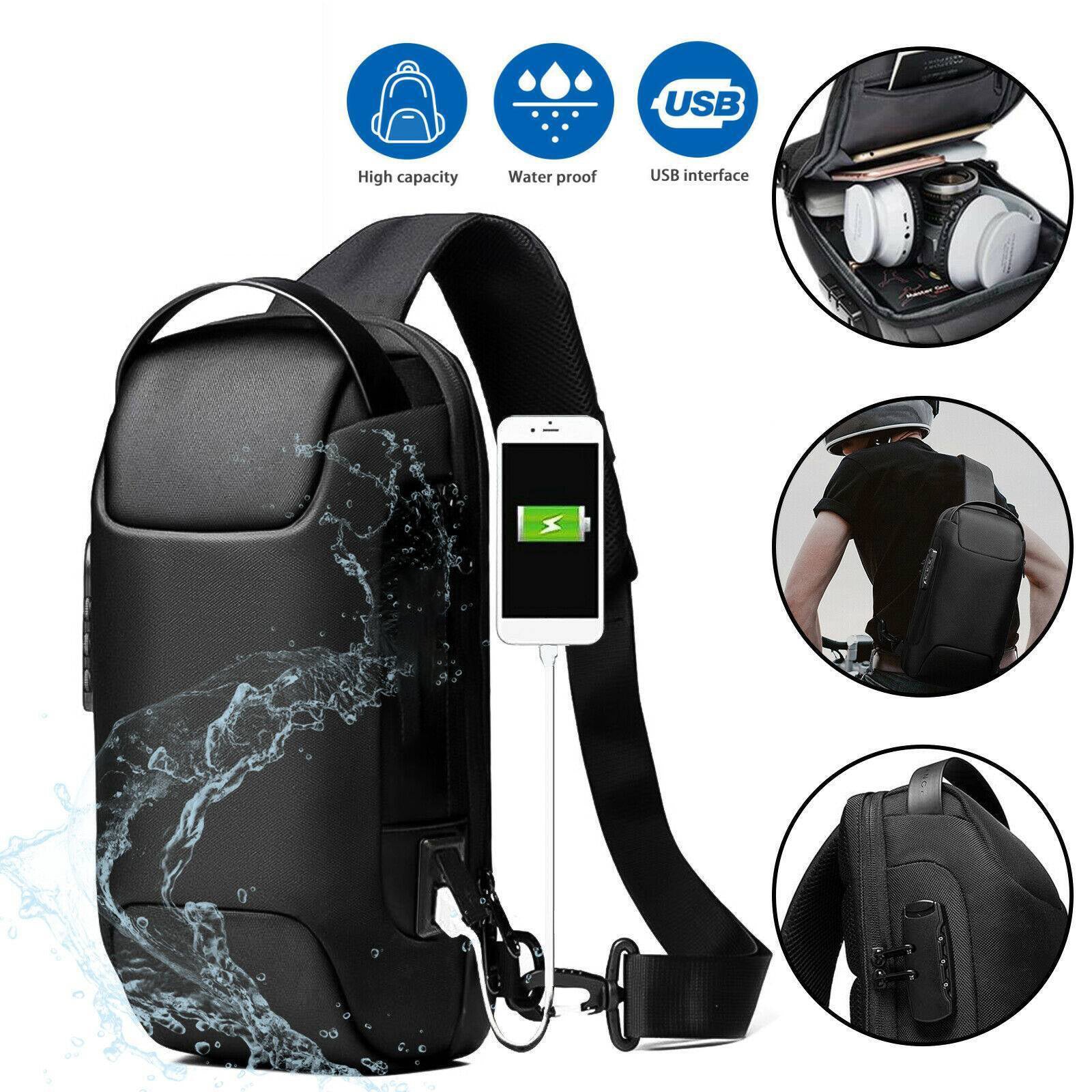 A waterproof black sling bag with a USB charging port and anti-theft lock.