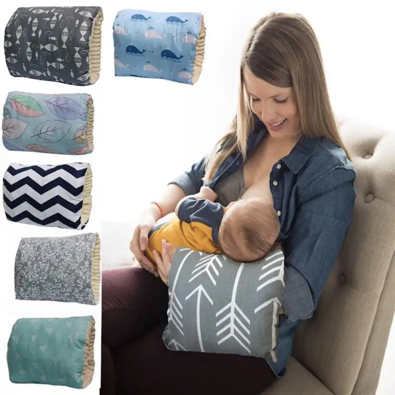 Woman breastfeeding with a patterned nursing arm pillow, six pillow options shown.