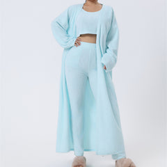 Light blue fuzzy 3-piece lounge set with robe and crop top.