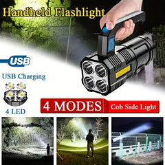 USB rechargeable 4-LED handheld tactical flashlight.