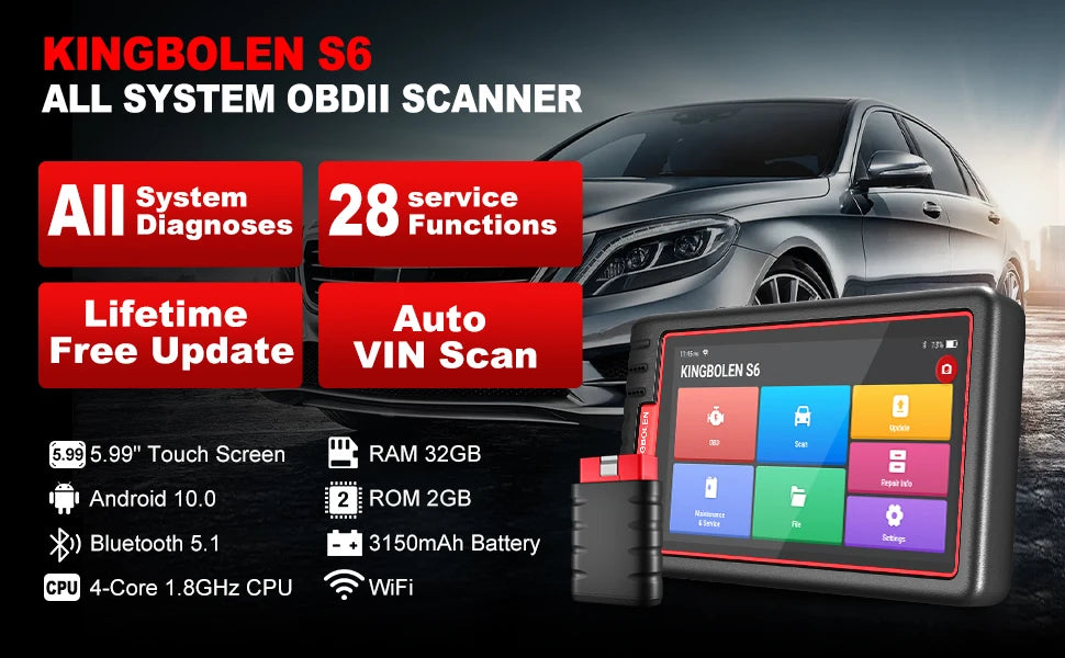 Kingbolen S6 OBD2 Scanner, Bluetooth All System Code Reader Car Diagnostic Tool,Auto-VIN 28+ Maintenance SAS/BMS/TPMS Scan Tool