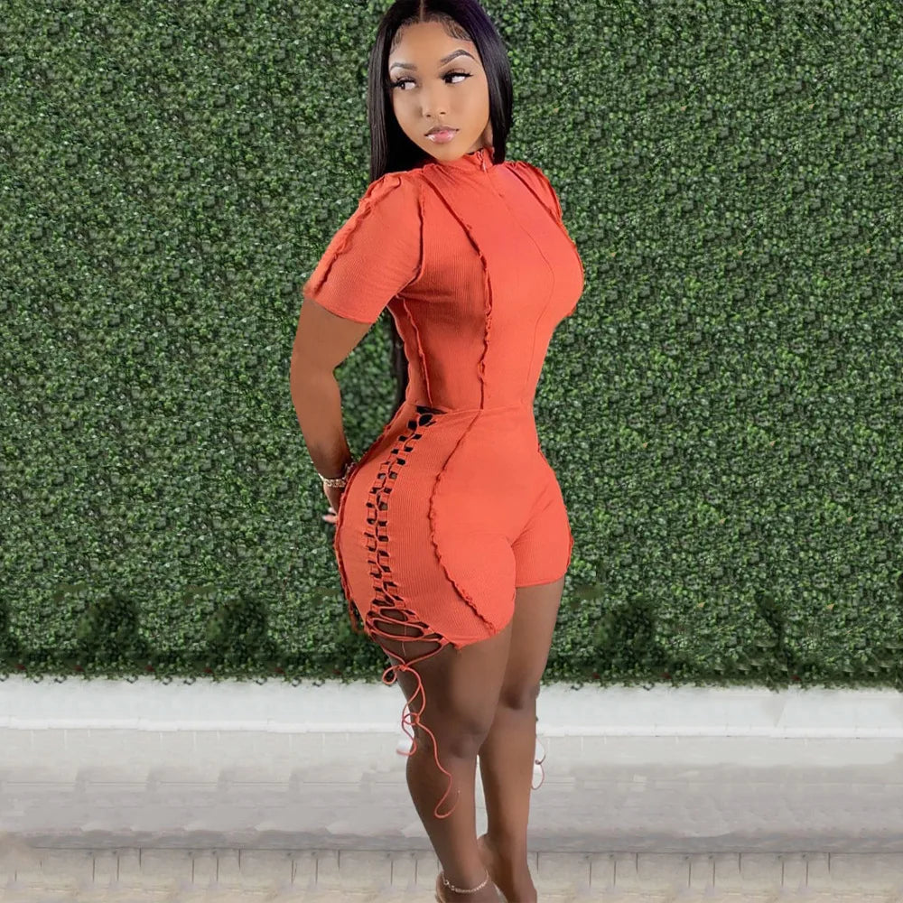 Echoine Short Sleeve Bandage Lace Up Playsuit Skinny Bodycon Hollow Out Sexy Bodysuit Rompers Party Clubwear Outfits Summer Hot