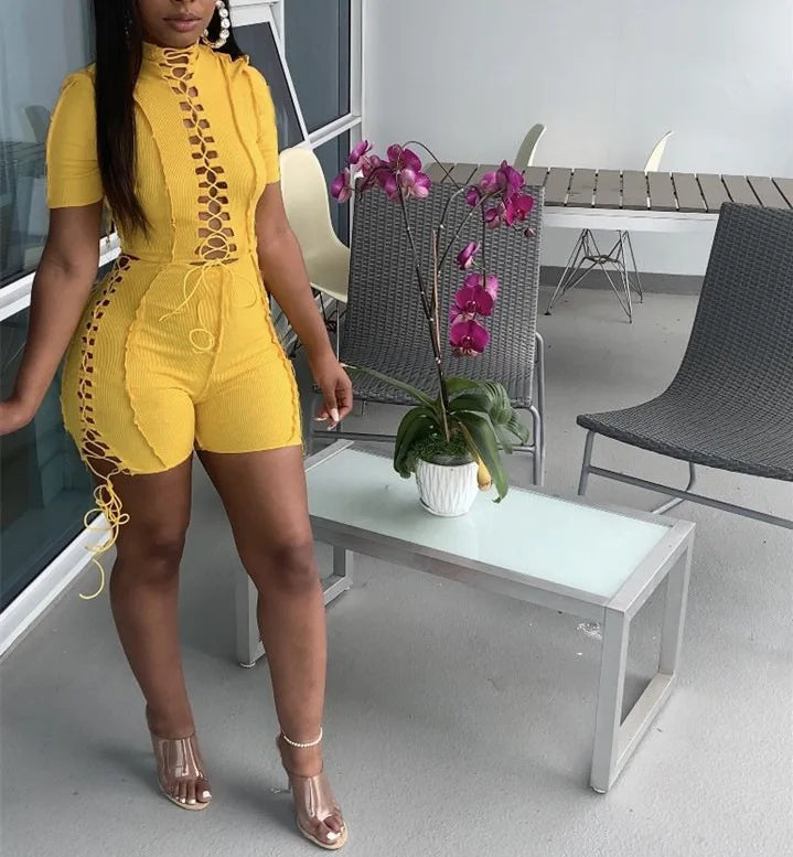 Echoine Short Sleeve Bandage Lace Up Playsuit Skinny Bodycon Hollow Out Sexy Bodysuit Rompers Party Clubwear Outfits Summer Hot