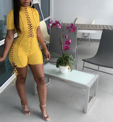 Echoine Short Sleeve Bandage Lace Up Playsuit Skinny Bodycon Hollow Out Sexy Bodysuit Rompers Party Clubwear Outfits Summer Hot