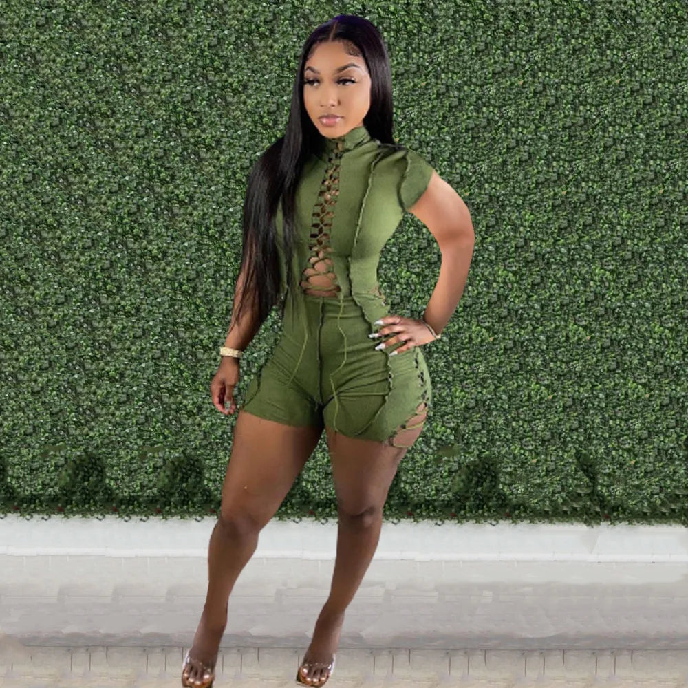 Echoine Short Sleeve Bandage Lace Up Playsuit Skinny Bodycon Hollow Out Sexy Bodysuit Rompers Party Clubwear Outfits Summer Hot