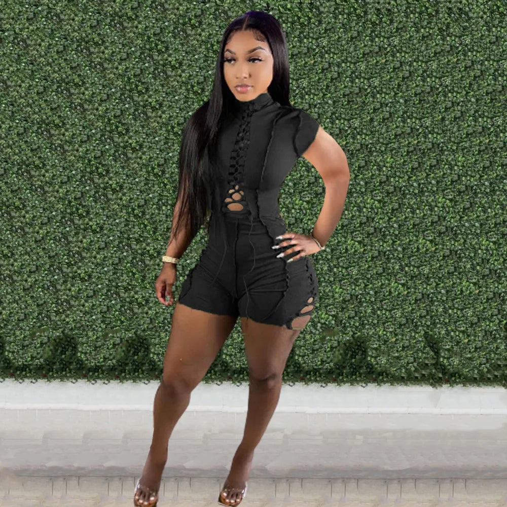 Echoine Short Sleeve Bandage Lace Up Playsuit Skinny Bodycon Hollow Out Sexy Bodysuit Rompers Party Clubwear Outfits Summer Hot