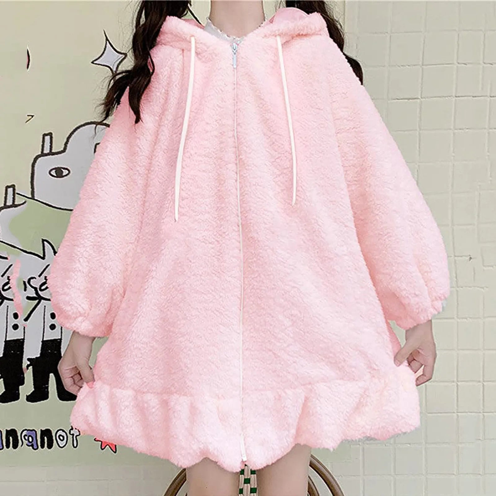 Hoodies Women Large Size Solid Zip-up Long Lantern Sleeve Hooded Rabbit Ears Lolita Cute Sweet Girls Harajuku Style Warm Baggy