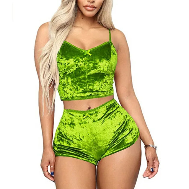 Women 2 piece set Velvet Sleepwear Sexy Spaghetti Strap Shorts Pajama Set Ladies Sleepwear Female Pajama Party Two Piece Set hot