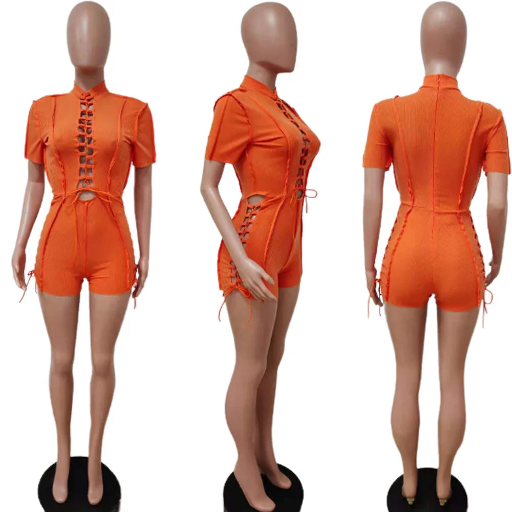 Echoine Short Sleeve Bandage Lace Up Playsuit Skinny Bodycon Hollow Out Sexy Bodysuit Rompers Party Clubwear Outfits Summer Hot