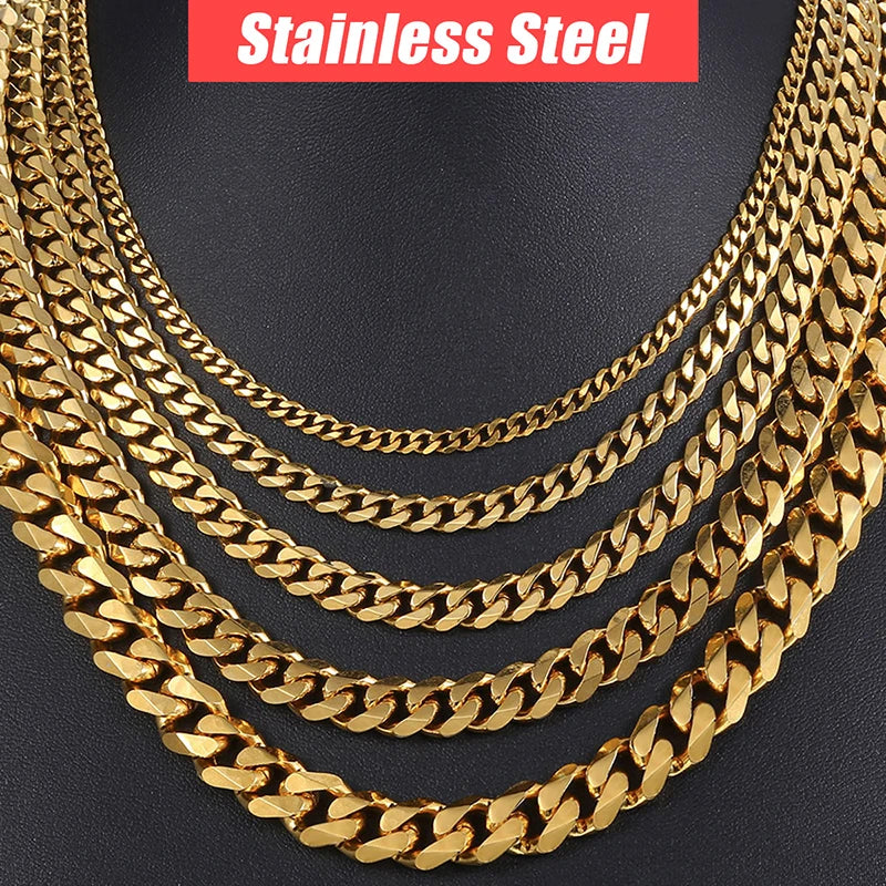 Hiphop Stainless Steel Necklace Curb Cuban Link Chain For Men Women Gold Color Solid Metal Punk Jewelry Gift KNM08