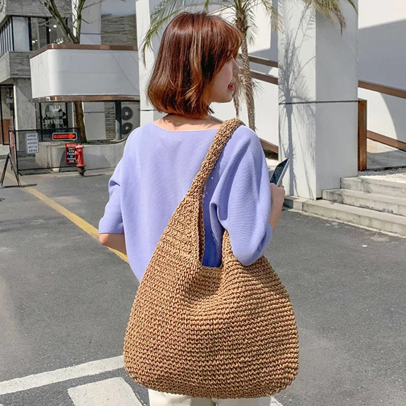 Sommer Stroh Tasche Für Frauen Gewebt Handgemachte Handtasche Große Kapazität Dame Tote Urlaub Strand Tasche Rattan Schulter Tasche Bolsa