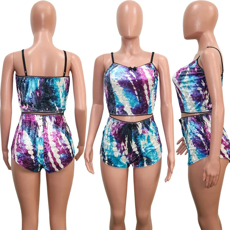 Women 2 piece set Velvet Sleepwear Sexy Spaghetti Strap Shorts Pajama Set Ladies Sleepwear Female Pajama Party Two Piece Set hot