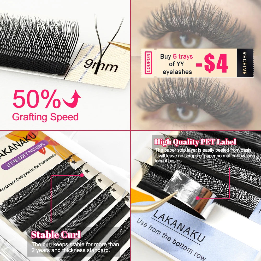 Lakanaku $9\text{mm}$ false $YY$ shape eyelashes with product features.