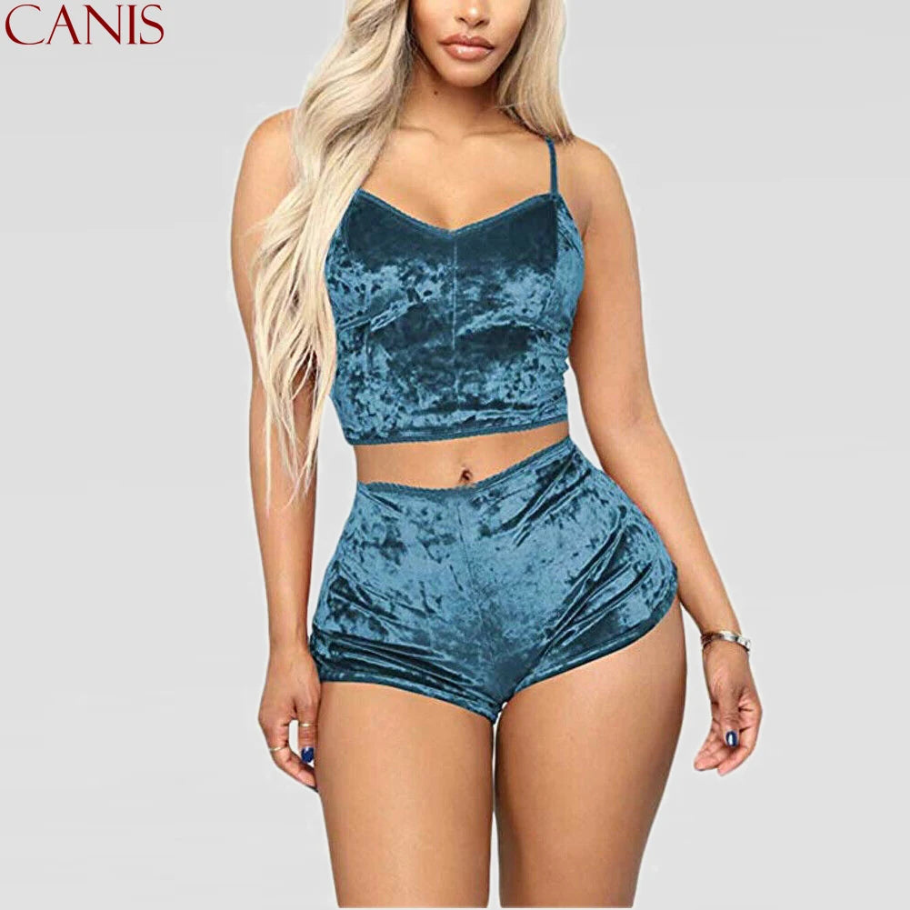 Women 2 piece set Velvet Sleepwear Sexy Spaghetti Strap Shorts Pajama Set Ladies Sleepwear Female Pajama Party Two Piece Set hot