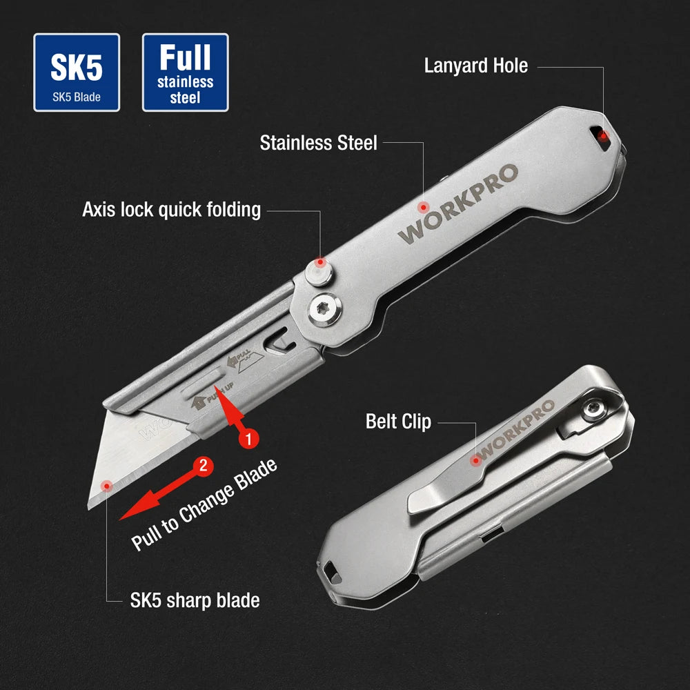 WORKPRO 3pcs Folding Utility Knife Stainless Steel Quick Realse Pocket Knife with Belt Clip Sharp Blade General-Purpose Cutting