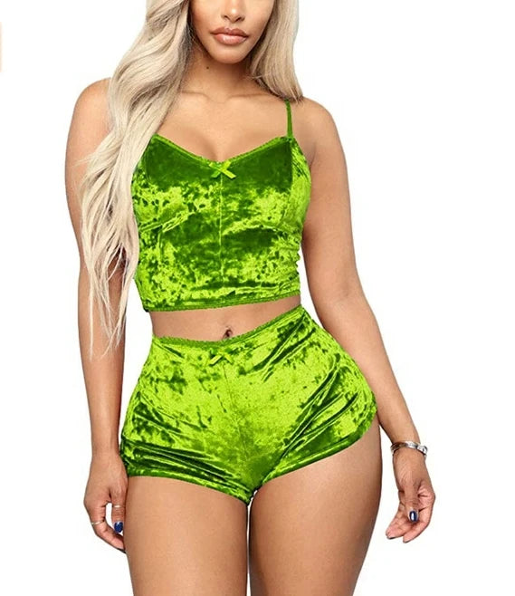 Women 2 piece set Velvet Sleepwear Sexy Spaghetti Strap Shorts Pajama Set Ladies Sleepwear Female Pajama Party Two Piece Set hot