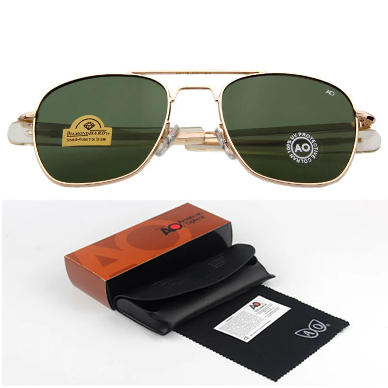 AO Pilot Aviator sunglasses, gold frame, green lens, and box.