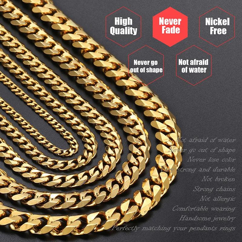 Hiphop Stainless Steel Necklace Curb Cuban Link Chain For Men Women Gold Color Solid Metal Punk Jewelry Gift KNM08