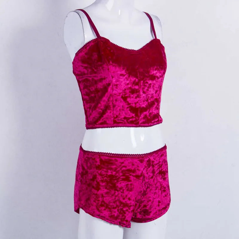 Women 2 piece set Velvet Sleepwear Sexy Spaghetti Strap Shorts Pajama Set Ladies Sleepwear Female Pajama Party Two Piece Set hot