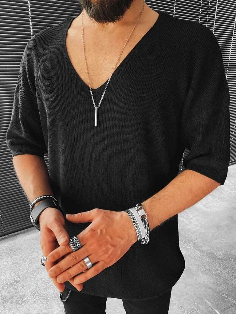 Men's V-Neck Half-Sleeve Knit Sweater