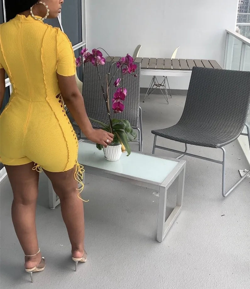 Echoine Short Sleeve Bandage Lace Up Playsuit Skinny Bodycon Hollow Out Sexy Bodysuit Rompers Party Clubwear Outfits Summer Hot