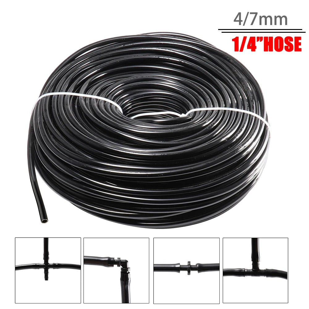 Rolled coil of black 1/4′′ drip irrigation hose tubing.