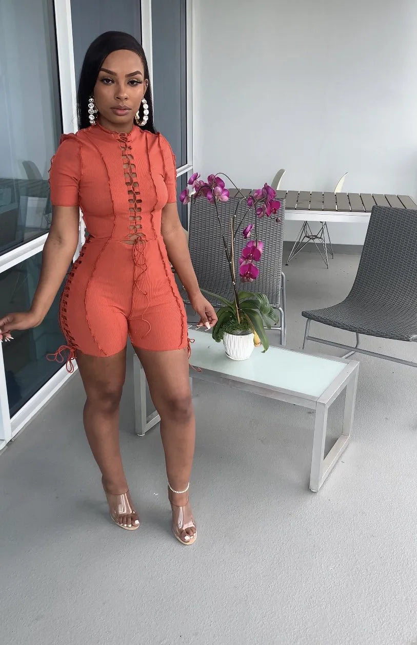 Echoine Short Sleeve Bandage Lace Up Playsuit Skinny Bodycon Hollow Out Sexy Bodysuit Rompers Party Clubwear Outfits Summer Hot