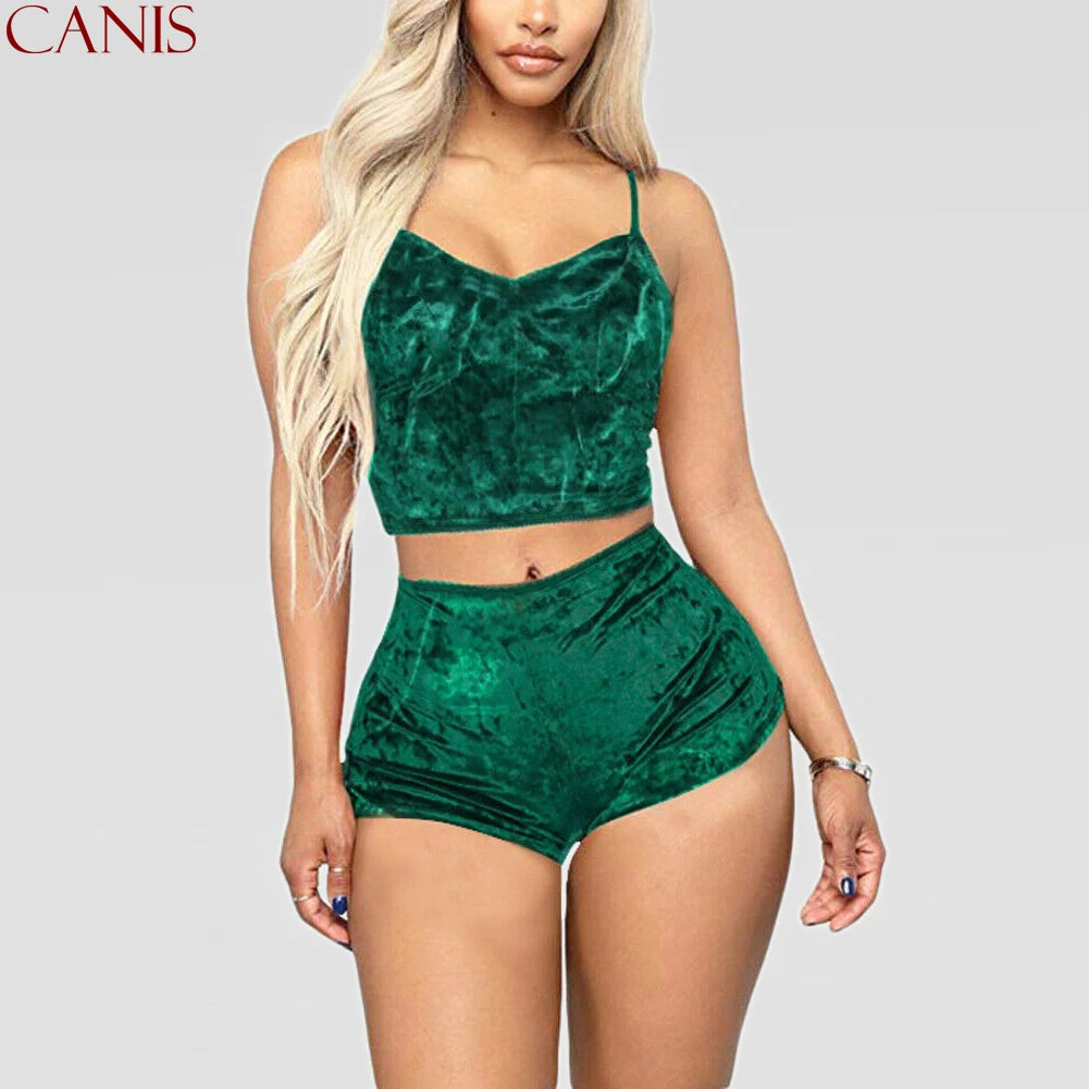 Women 2 piece set Velvet Sleepwear Sexy Spaghetti Strap Shorts Pajama Set Ladies Sleepwear Female Pajama Party Two Piece Set hot