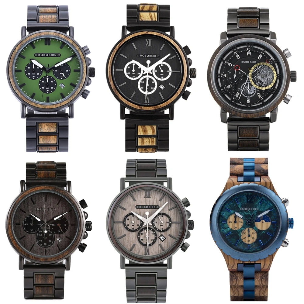 Six Bobo Bird wooden wristwatches for men and women.